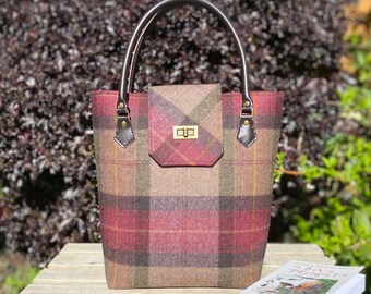 British pure wool tweed tote bag with leather handles, shades of maroon plaid