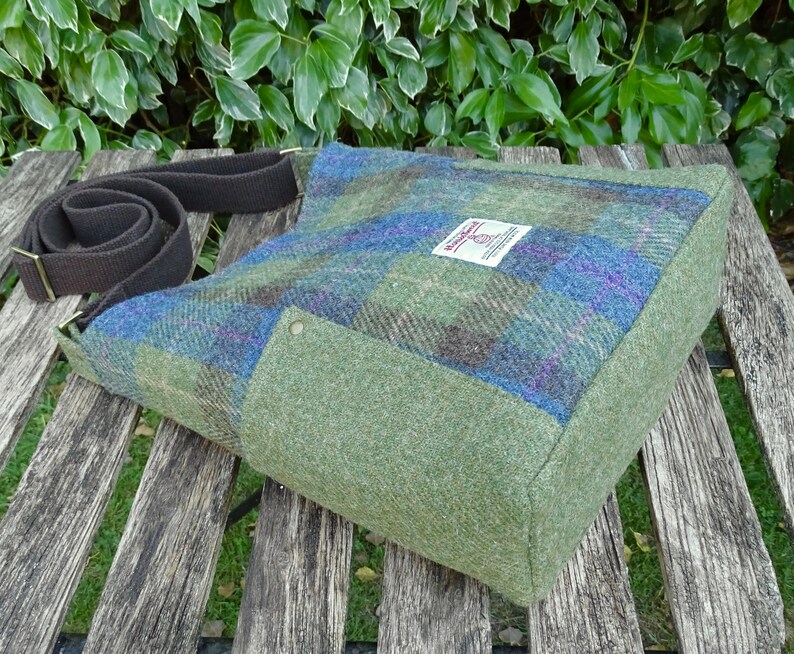 HARRIS TWEED Large Shoulder or Crossbody Bag in Blue Green Plaid With ...