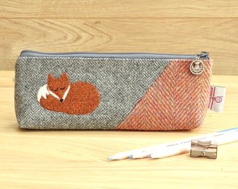 HARRIS TWEED pencil case with sleeping Fox, long pouch