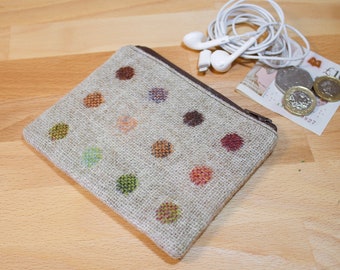 Coin purse, change pouch, small pouch, earbud case, card wallet, spots, British wool tweed, gift boxed