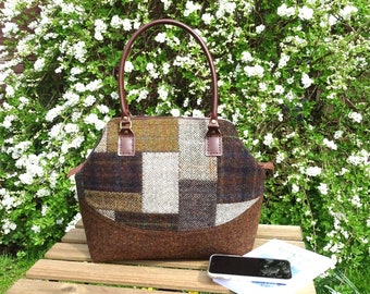 HARRIS TWEED patchwork frame top handbag with leather handles in shades of brown