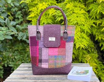 Patchwork HARRIS TWEED tote bag with twist lock in shades of plum and pink