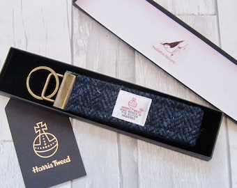 Key chain in HARRIS TWEED, key ring, key fob, gift for him, navy and black herringbone, gift boxed