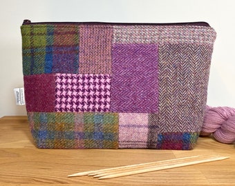 Patchwork HARRIS TWEED knitting yarn bag, sewing project pouch in shades of pink