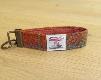 Keychain in HARRIS TWEED, key ring, key fob, orange and brown plaid, gift boxed