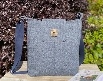British pure wool tweed crossbody or shoulder bag in denim blue