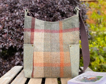 British pure wool tweed crossbody or shoulder bag in green plaid