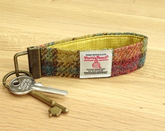 HARRIS TWEED key fob, key ring, key chain, gift for her, red gold and teal plaid, gift boxed