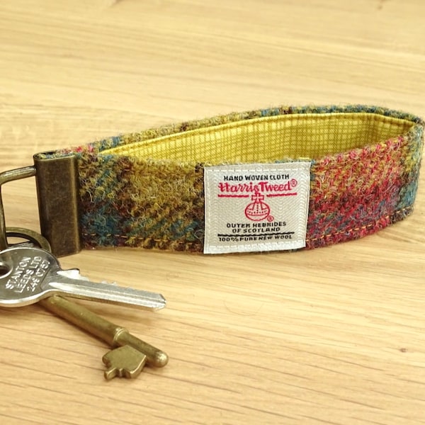 HARRIS TWEED key fob, key ring, key chain, gift for her, red gold and teal plaid, gift boxed