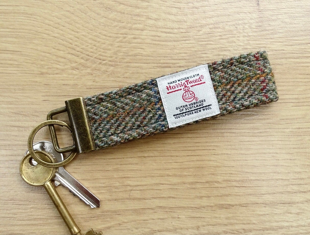 Keychain in HARRIS TWEED, key ring, key fob, gift for him, green herringbone, gift boxed