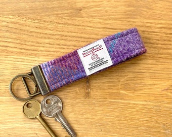 HARRIS TWEED key fob, key ring, key chain, gift for her, pink and purple plaid, gift boxed