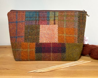 Patchwork HARRIS TWEED knitting project bag, craft sewing pouch in shades of orange and brown