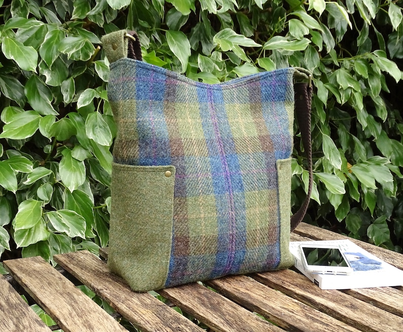 HARRIS TWEED Large Shoulder or Crossbody Bag in Blue Green Plaid With ...