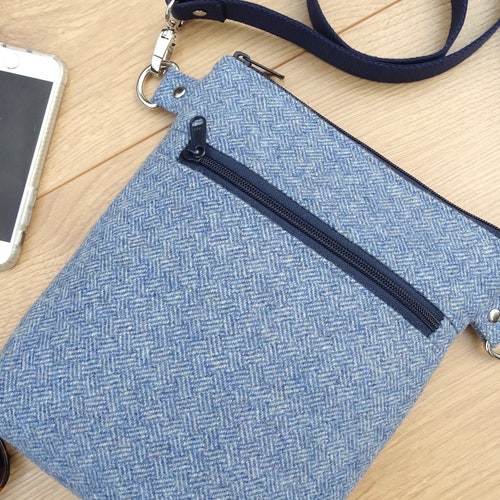 Pure popular wool crossbody or shoulder bag in blue parquet design