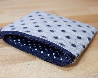 Coin purse, small change pouch, earbud case, card wallet, grey spots, British wool tweed with gift box