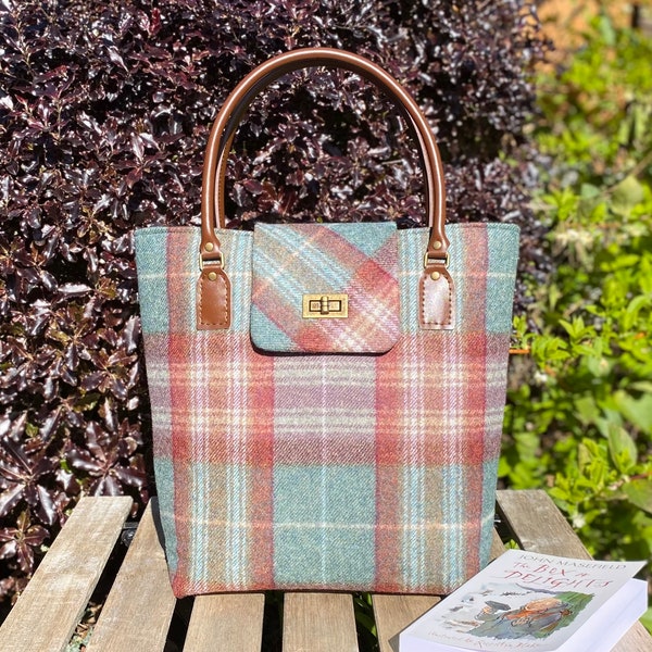 British pure wool tweed tote bag with leather handles, teal and rust plaid