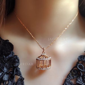 14k Gold Plated Bird Cage Pendant: CZ Gemstone, Handmade