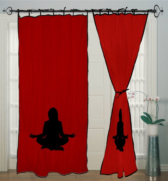 Tie Top Curtain Hand Block Girl Yogasana Mudra Red Pirtain Etsy
