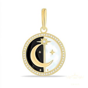 Gold Gemstone Moon Star Disc Pendant - Handmade Charm (30 mm)