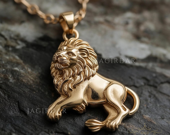 Solid 14K Gold Lion Pendant: Handmade Animal Charm (20mm)