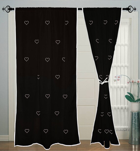2 Pcs Heart Hand Block Printed Rod Pocket Curtains Panels Image 0