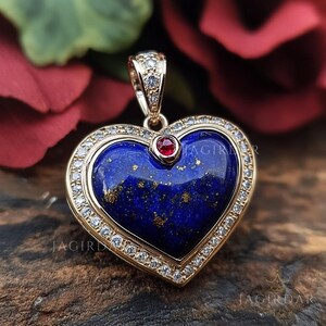 Peut inclure: Pendentif en forme de cœur avec un centre bleu foncé, parsemé d'or, et une petite pierre rouge en haut. Le pendentif est encadré par une monture dorée avec une bordure de petites pierres précieuses transparentes. La bélière est également ornée de pierres précieuses transparentes.
