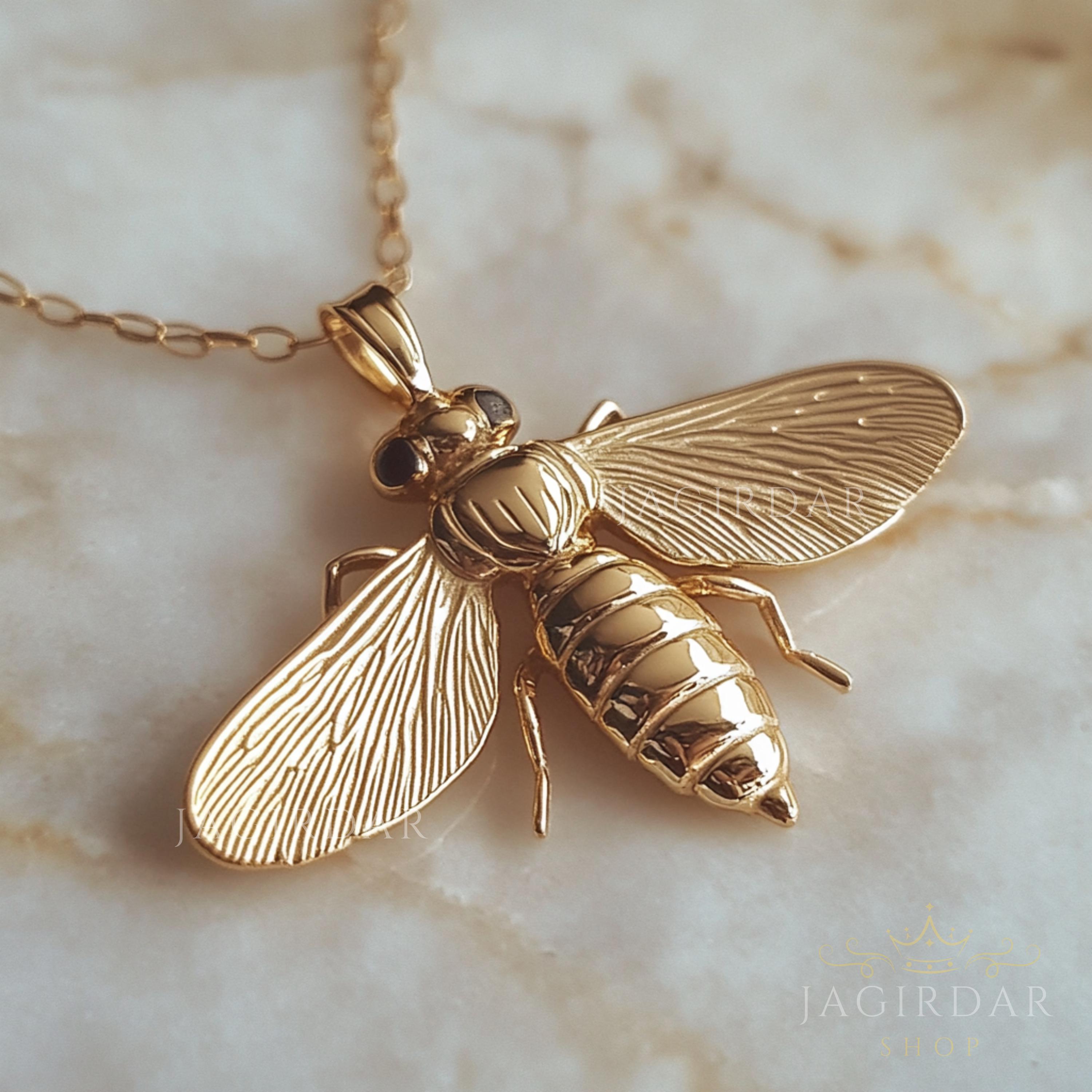 14K Solid Gold Bee Pendant: Handmade Bumble Bee Charm (25MM)