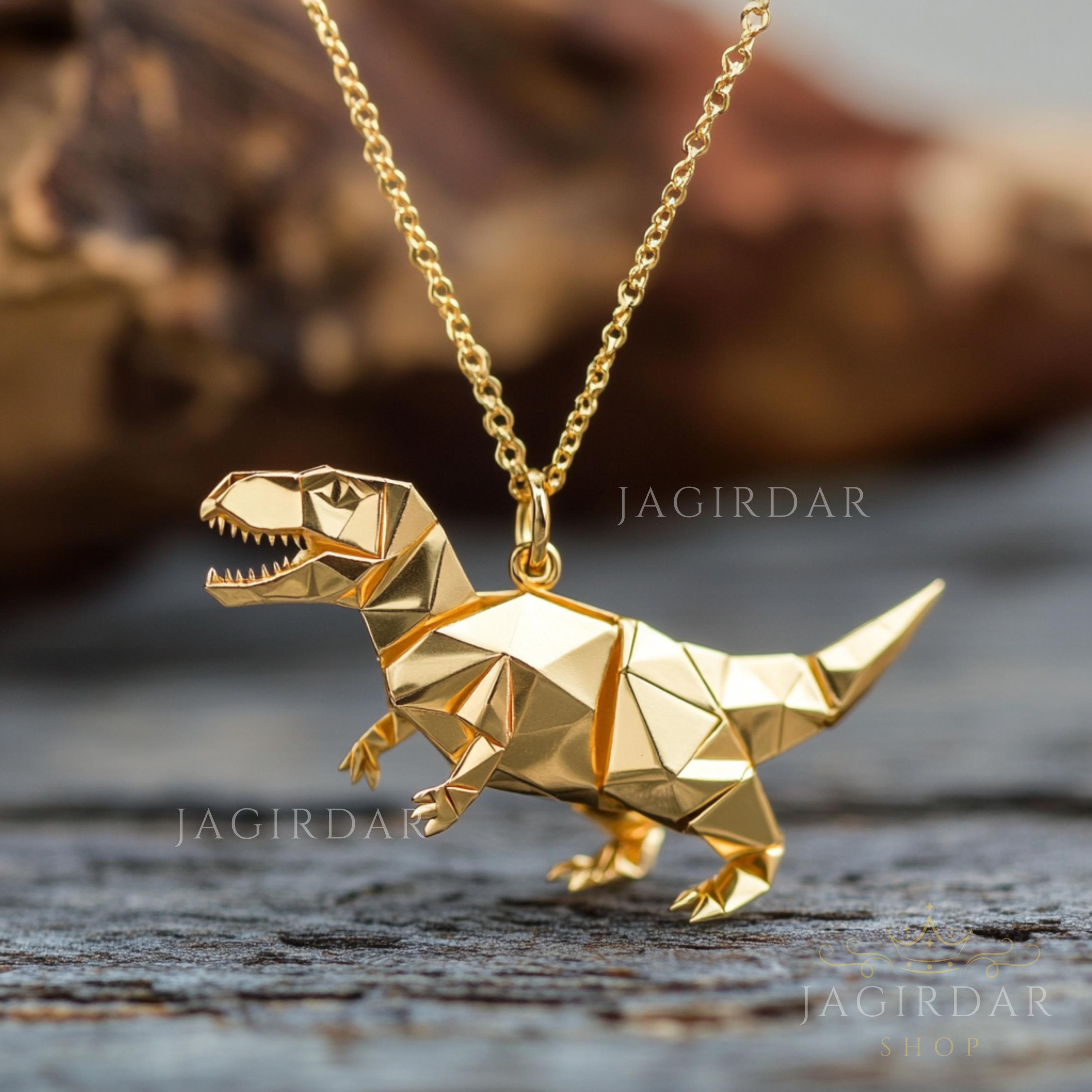 14k Gold Origami T-rex Pendant: Handmade Dinosaur Charm - Etsy