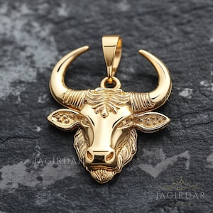 14k Gold Bull Head Pendant - Taurus Charm (25mm)