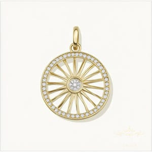 14k Gold Fluted Disc Pendant with CZ Diamond - 30mm