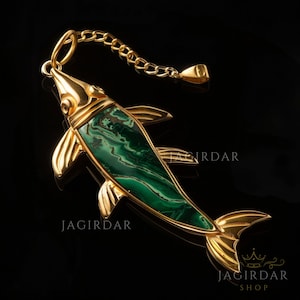14K Gold Plated Malachite Fish Pendant, 30MM Carved Gemstone Animal Pendant