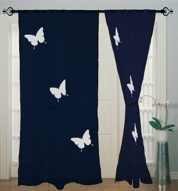 Blue Curtain Rod Pocket Curtain Hand Block Butterfly Etsy