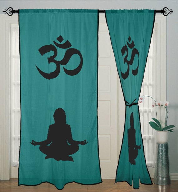 Turquoise Curtain Rod Pocket Curtain Hand Block Girl Yoga Etsy
