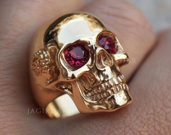 14k Gold Plated Skull Ring: Ruby Eye Gemstone, Handmade