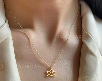 14k Gold Lotus Pendant: Dainty Floral Necklace