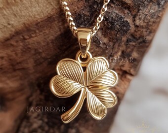 Dije de trébol de hoja de oro de 14 k, colgante de trébol de cuatro hojas de oro de 14 k, colgante de trébol de la suerte, delicado colgante de trébol de oro, colgante de flor