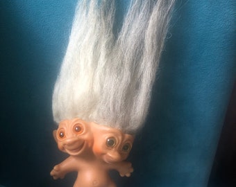 Two Headed Uneeda 1965 3” Tall Troll Doll with White Hair Orange Eyes and Gray Hair Yellow Eyes