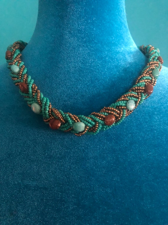 Beautiful Turquoise and Brown Braided Seed Beads C