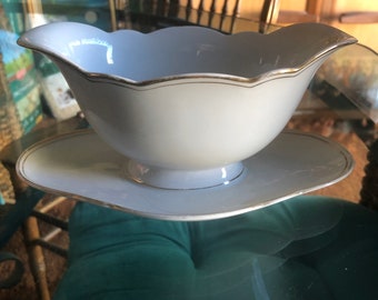 Vintage 1950’s Bavaria, Germany Schirnding Fine China Gravy Boat with Gold Trim and Attached Saucer