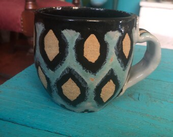 Handmade Light Blue and Black Glazed Design 4” Tall Ceramic Pottery Coffee Mug