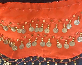 Neon Orange Belly Dancing Hip Scarf with Gold Coins Tie It On the Side of Your Hip