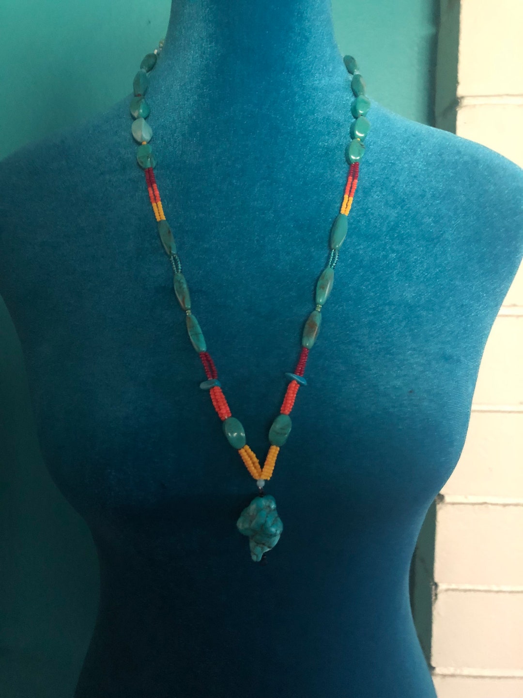 Turquoise and Seed Beads Pendant Necklace - Etsy