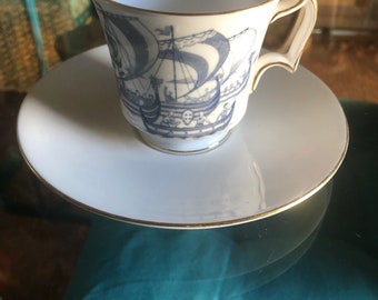 Royal Chelsea English Bone China Norse Ships with Gold Trim Demitasse/Espresso/Teacup and Saucer