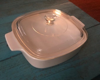 Small White A-1-B One Liter Corning Ware Casserole Dish with Clear Glass Lid 1970’s/80’s
