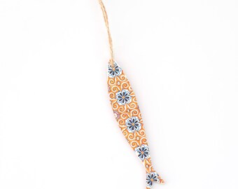 Wooden Christmas Tree Sardine Shaped Ornament decorated with azulejos pattern. Portuguese Tiles Christmas Tree Ornament