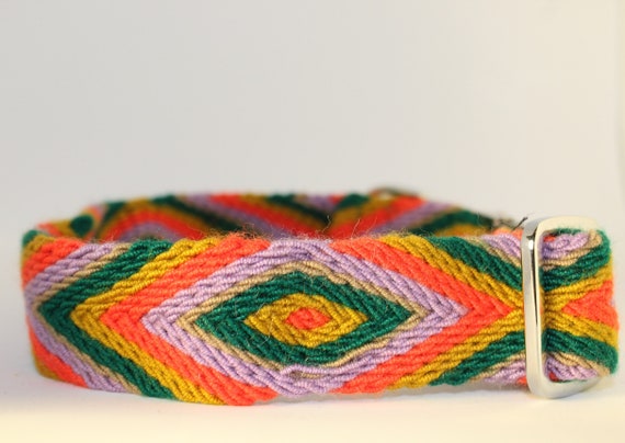 Handmade Osonuchi Dog Collars: Medium Burnt yellow, orange, green, lilac