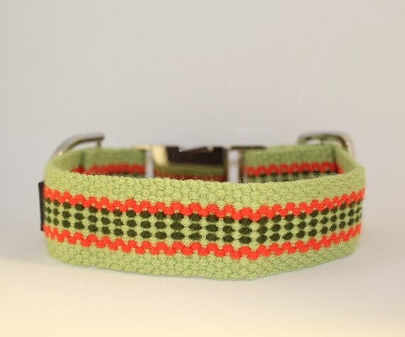 Handmade Plano Dog Collars: Small and Medium Lime green, seaweed green, orange