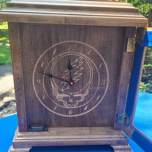 Grateful Dead Inspired Tabletop Clock – Handmade Engraved Wood – 12 x 12 x 5 – Vintage Style for Music Fans