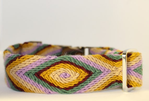 Handmade Osonuchi Dog Collars: Medium Lilac, green, cream, burgundy & yellow