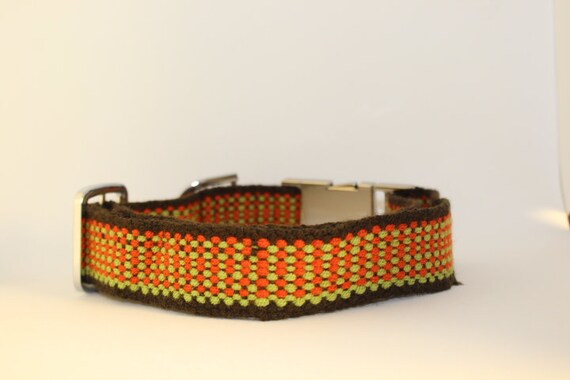 Handmade Plano Dog Collars: Large/XL brown, lime & orange